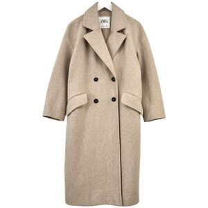Zara Beige Gray Oversized Relaxed Fit Double Breasted Pea Coat sz XS